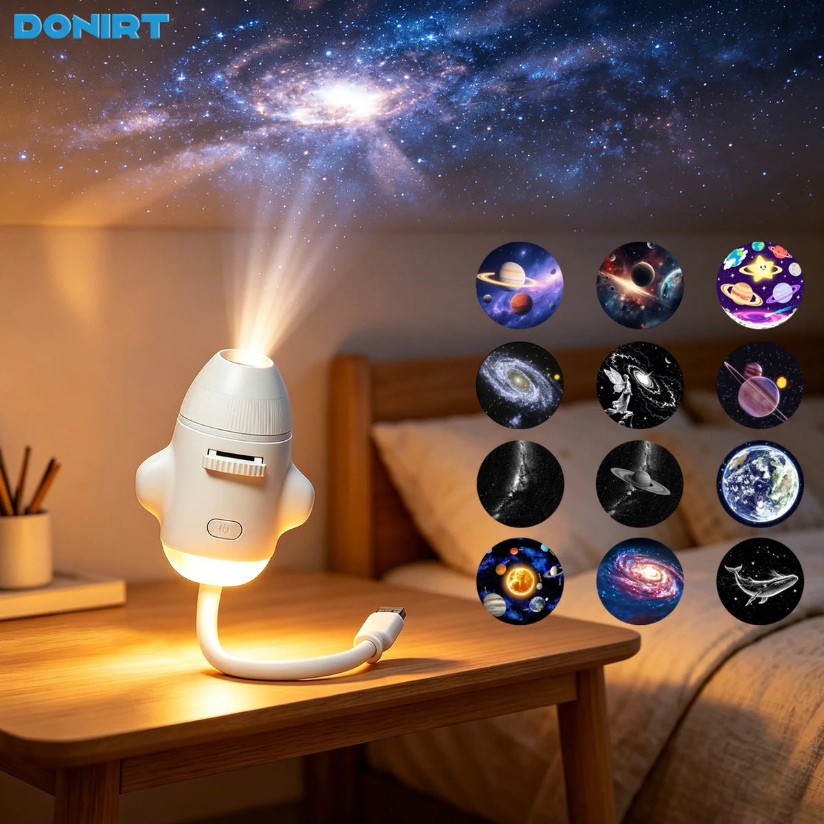 A white projector casts a galaxy pattern onto a wall, illuminating a display of various celestial bodies.