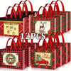 A set of twelve festive red and green plaid gift bags with handles for holiday wrapping