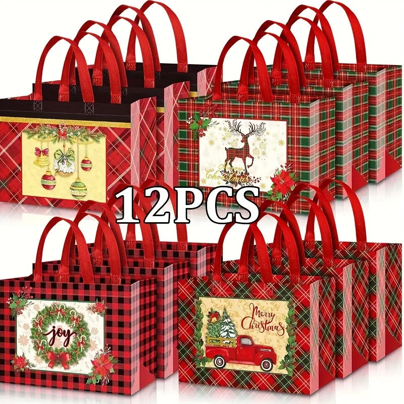 A set of twelve festive red and green plaid gift bags with handles for holiday wrapping