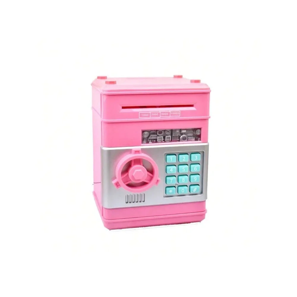 A pink ATM-style password piggy bank with an electronic lock and keypad.