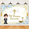 A gold cross first communion photography backdrop featuring light blue roses and elegant gold accents.