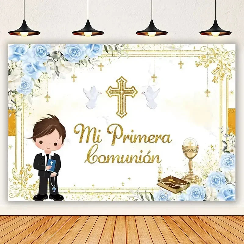 A gold cross first communion photography backdrop featuring light blue roses and elegant gold accents.
