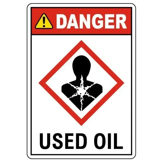 Warning sign indicating danger and used oil for garage or café decor