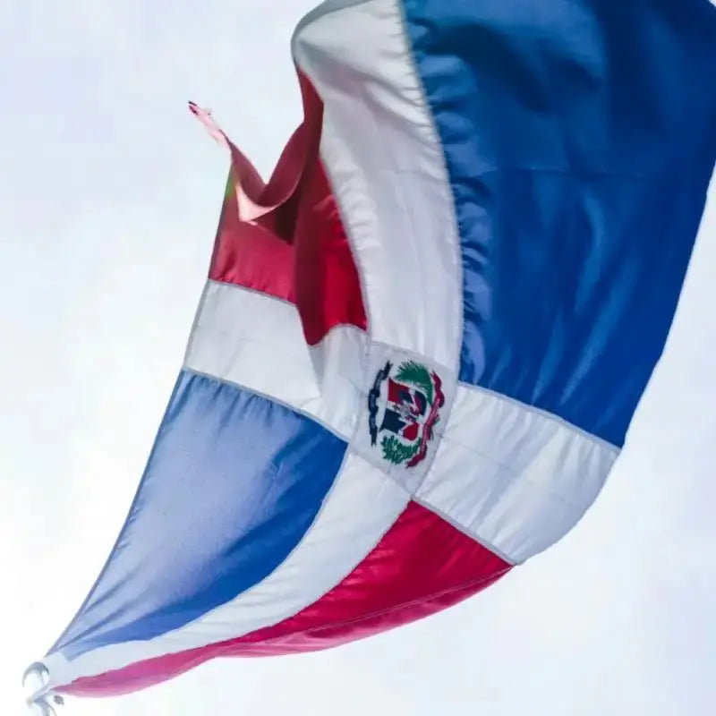A large Dominican Republic flag hanging banner is shown billowing in the wind against a light sky.