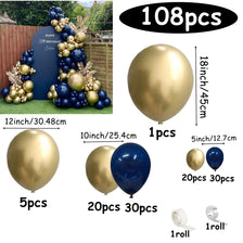 A kit containing 108 balloons in navy blue and gold metallic colors, including individual balloons, rolls, and a balloon garl