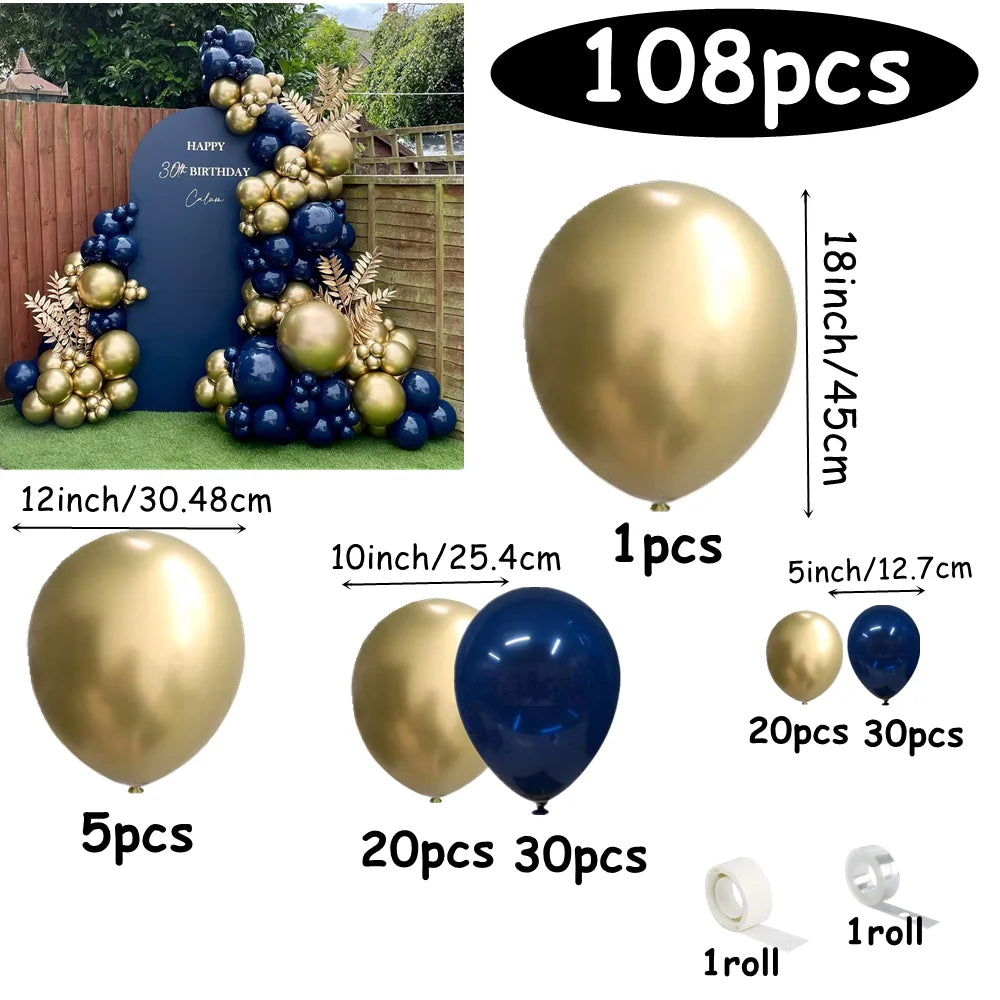 A kit containing 108 balloons in navy blue and gold metallic colors, including individual balloons, rolls, and a balloon garl