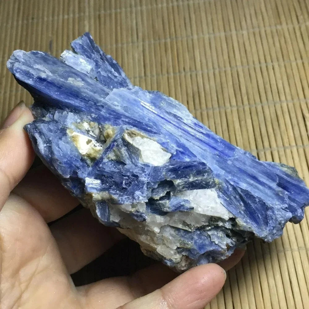 A hand holds a deep blue natural kyanite crystal stone with white inclusions.