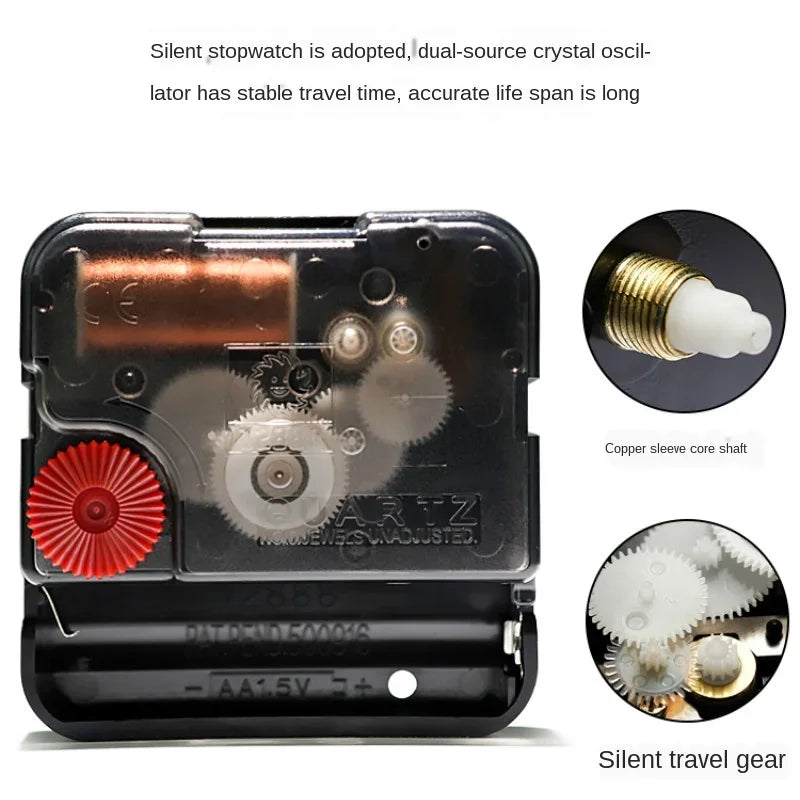 A close-up view of a silent stopwatch featuring a dual-source crystal oscillator and copper sleeve shaft.