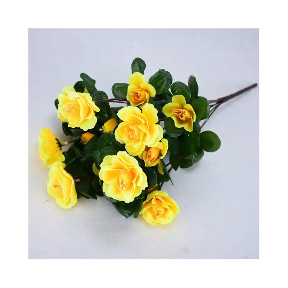 A cluster of yellow artificial azalea flowers and green leaves for outdoor decoration.