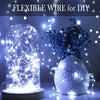 A display of flexible wire fairy lights illuminating a glass dome and a textured white sphere.