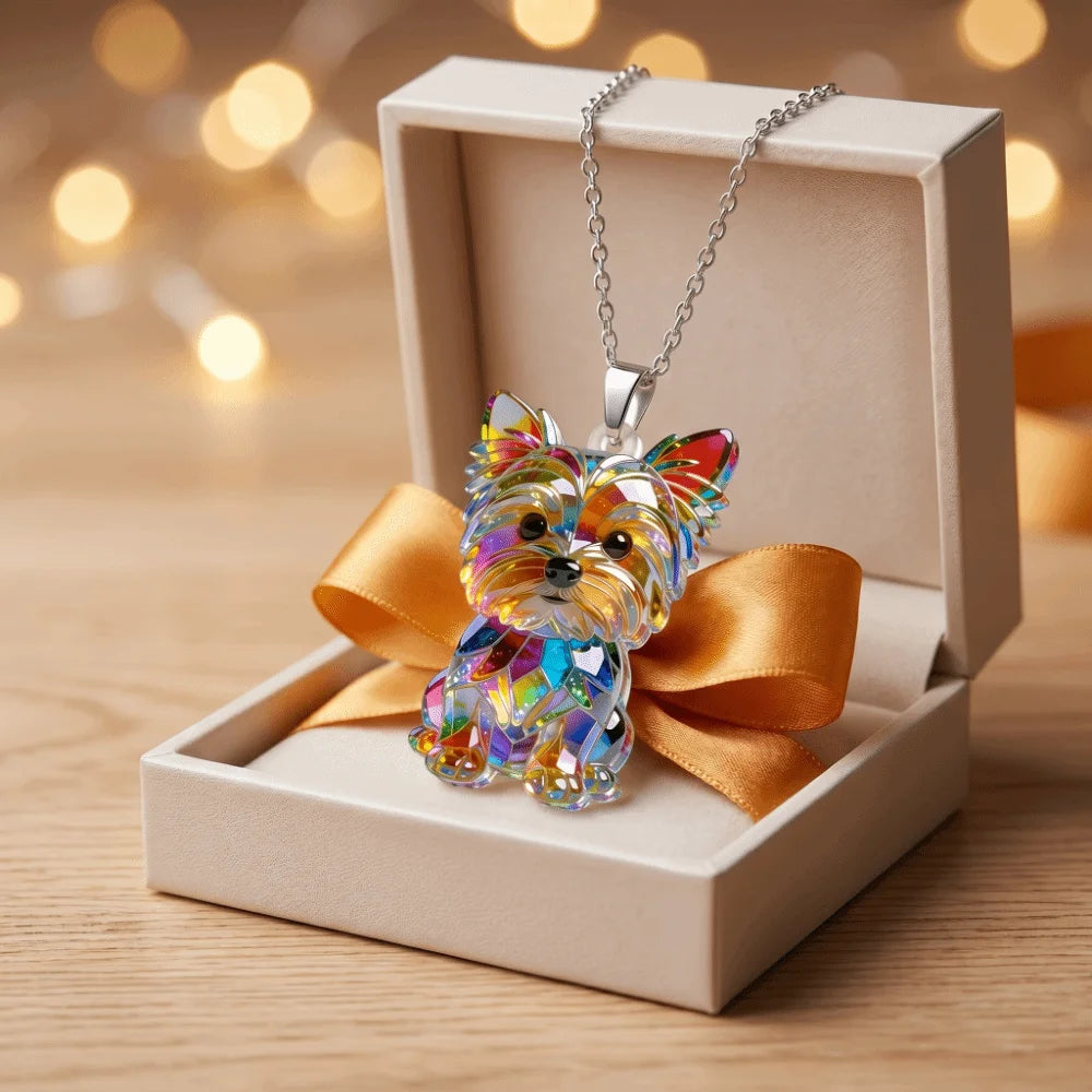 A sparkling Yorkshire Terrier acrylic pendant necklace displayed in a light-colored box with an orange ribbon.
