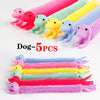 A set of five colorful pink, yellow, green, and blue dog-shaped stretch sensory fidget toys.