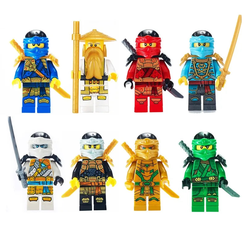 A collection of six Golden Ninja building block figures in various colors and armor designs.