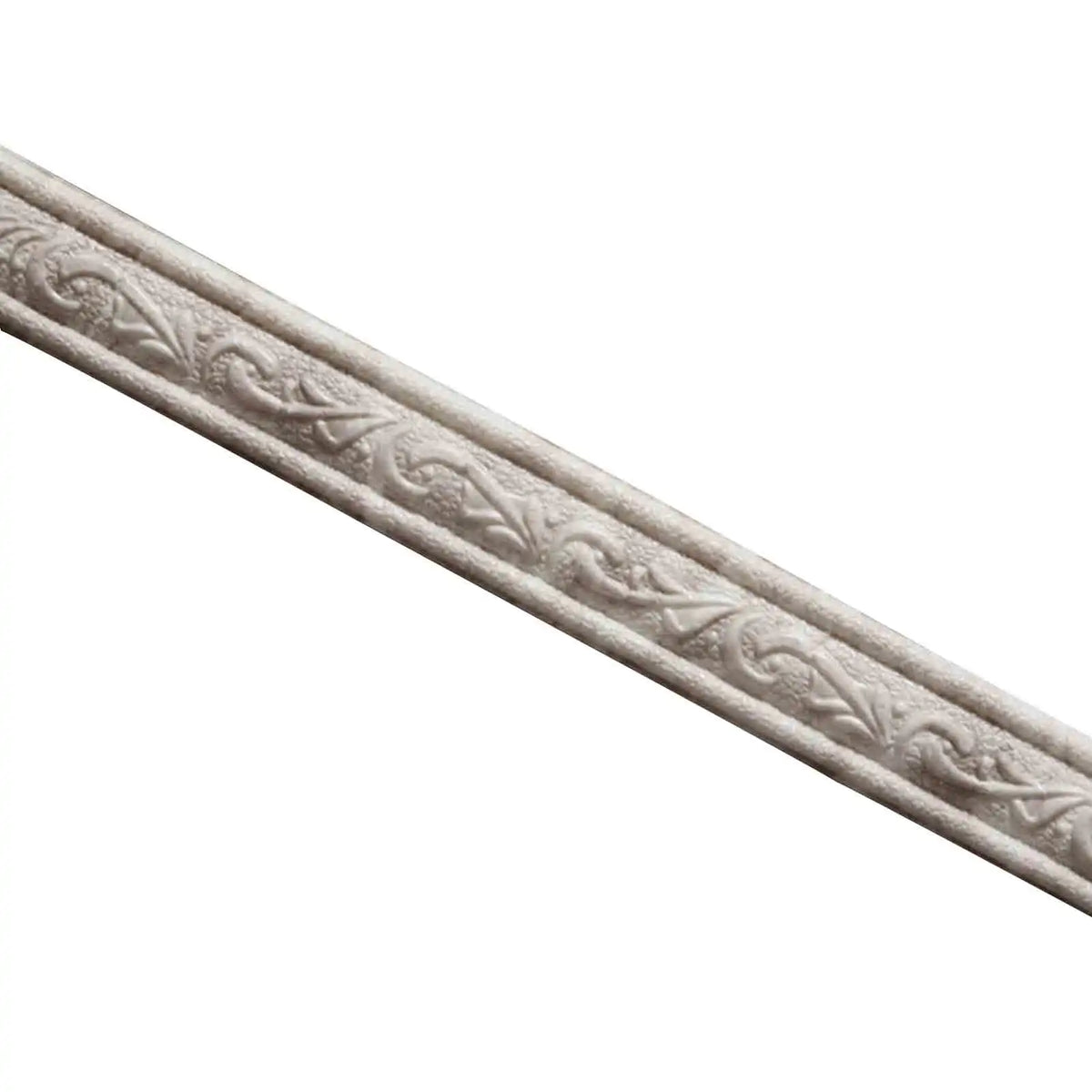 Silver decorative wall trim strips with an embossed scroll pattern.