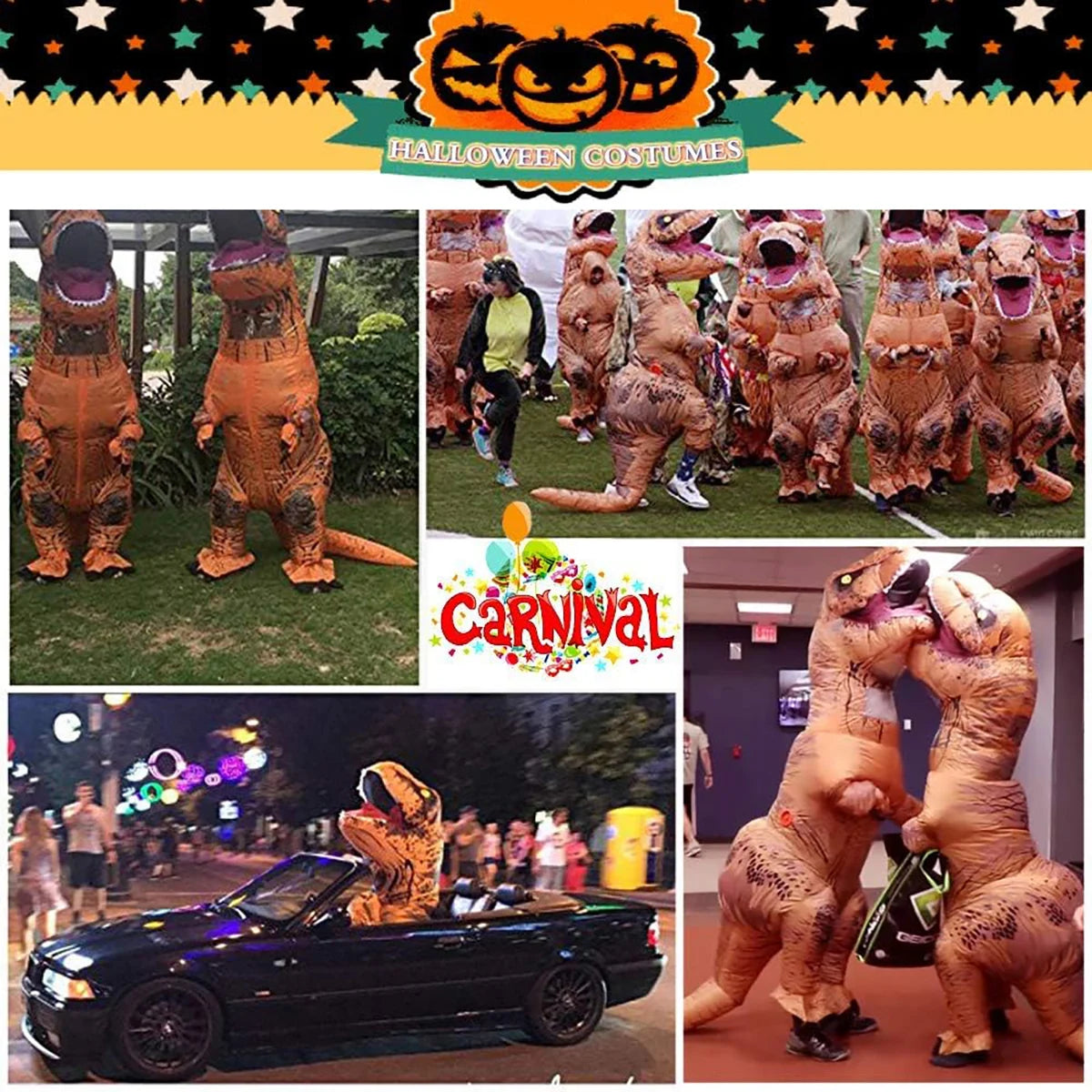 An inflatable adult T-Rex costume is shown in various colors and poses, including a full-body suit and a prop.