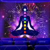 A dark tapestry featuring a glowing chakra lotus design with purple and pink light effects.