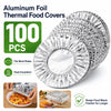 A stack of 100 aluminum foil thermal food covers designed for heat insulation and keeping food warm.