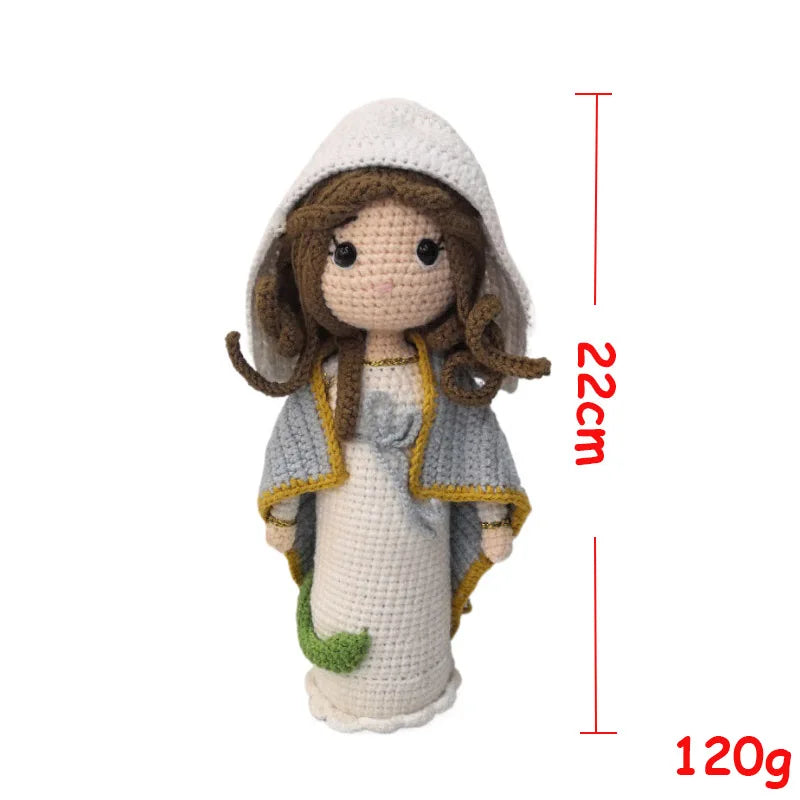 Handcrafted Virgin Mary crochet doll with a white veil and gray clothing, measuring 22cm and weighing 120g.