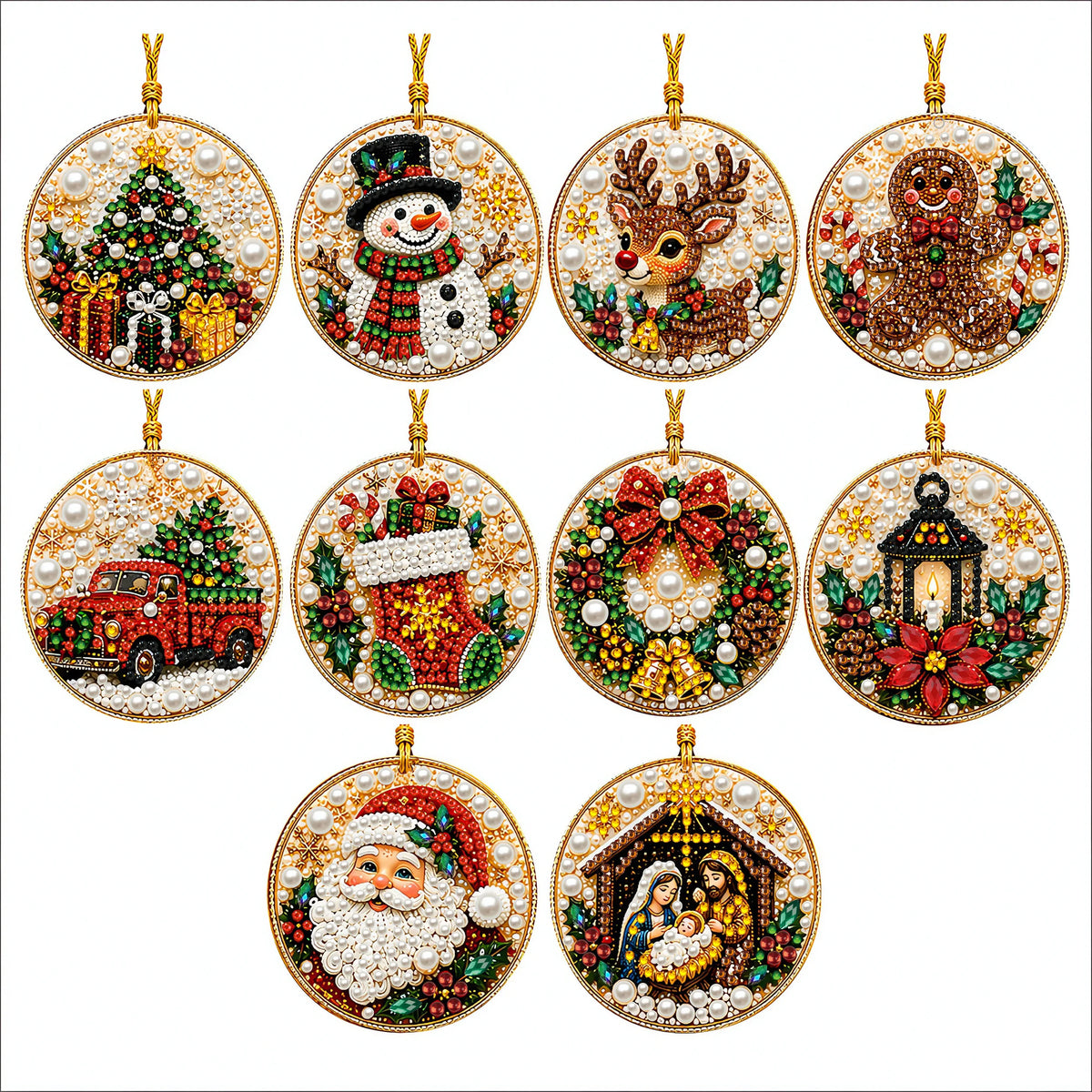 A set of Christmas diamond art ornaments featuring pendants of Santa, a snowman, and a reindeer.