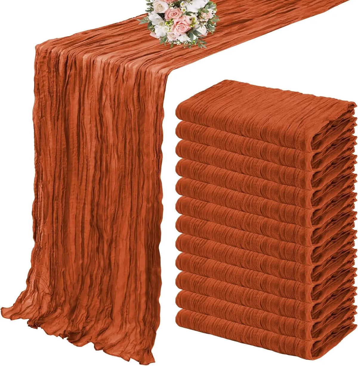 A set of ten terracotta semi-sheer cheesecloth table runners displayed on a table.