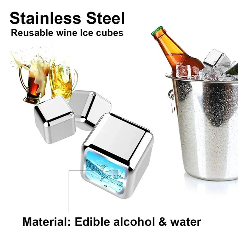 Reusable stainless steel ice cubes used for chilling alcoholic and water drinks