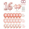 A collection of rose gold foil balloons including number balloons, star balloons, and round balloons for birthday parties