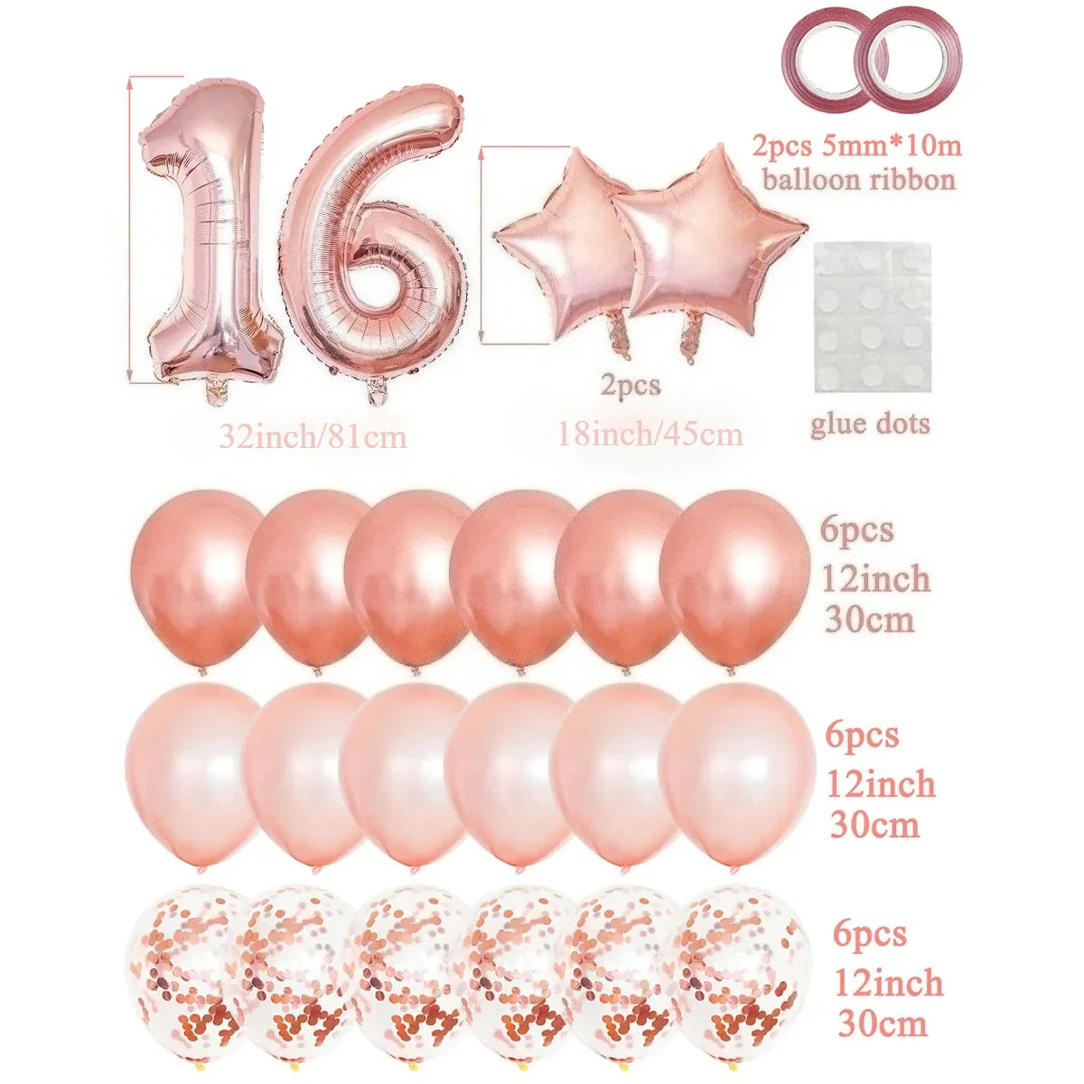 A collection of rose gold foil balloons including number balloons, star balloons, and round balloons for birthday parties