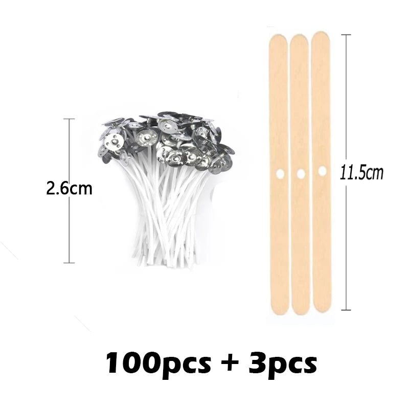 A set of 100 smokeless cotton candle wicks and 3 wooden sticks for soy wax and essential oil burners.