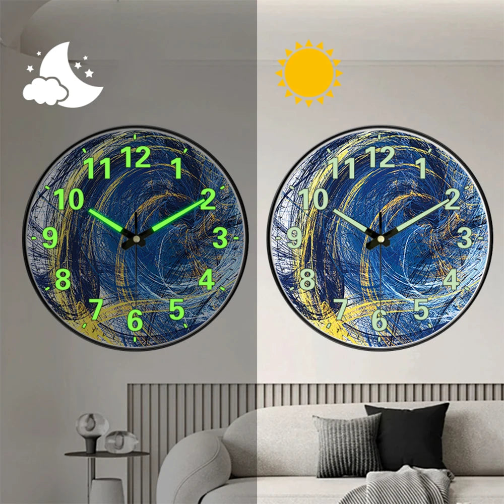 A minimalist round wall clock showing a blue and yellow sun and moon face on a light gray wall.