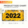 A yellow aluminum flat sign with the year 2022 painted on it, shown next to a size chart.