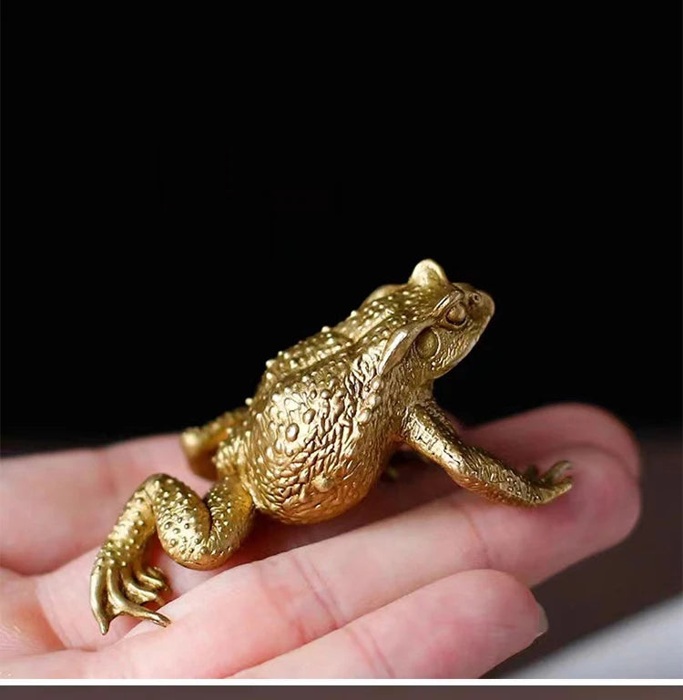 A brass money frog feng shui figurine resting on a person's palm.