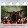 A flat 2D birthday banner featuring a dark wreath of greenery and red roses with small mushrooms and a wooden frame.