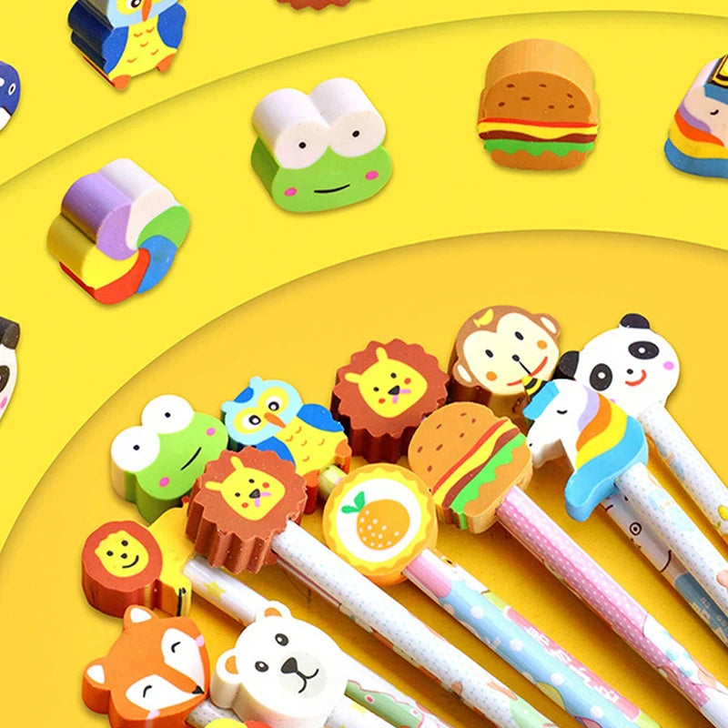 A set of cartoon animal pencils with eraser tops featuring various animals like a frog, tiger, and bear.