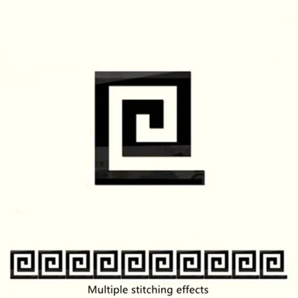 A black and white geometric design featuring a swirling pattern, used as an acrylic mirror wall sticker set for home decor.