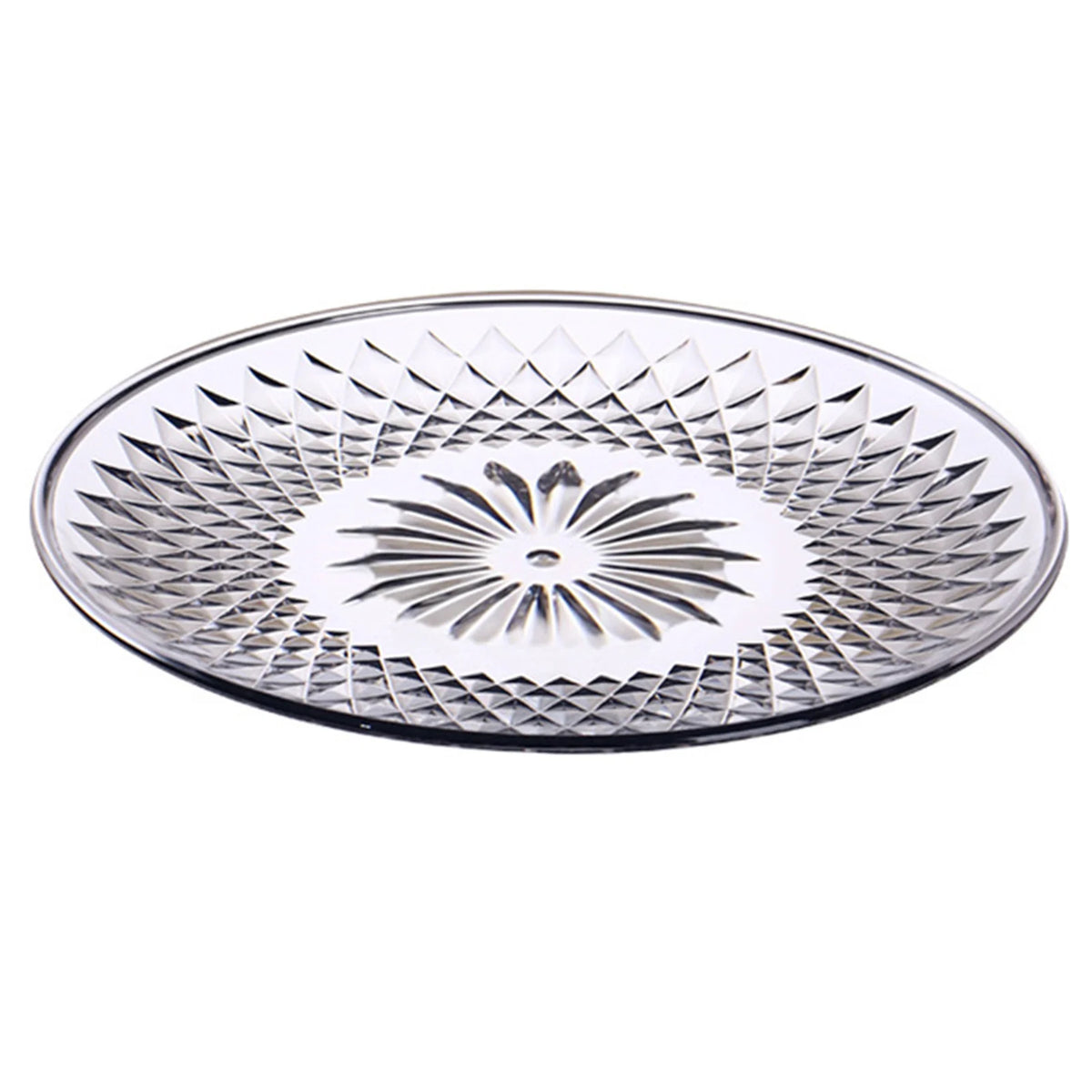 Clear acrylic serving plate with a decorative geometric pattern for fruit, desserts, and appetizers