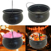 A black witch cauldron candy bowl with a lid and a handle, shown in various contexts.