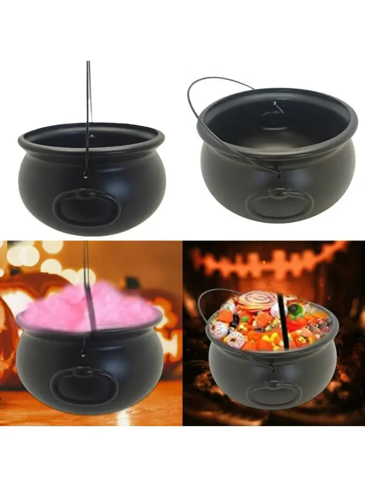 A black witch cauldron candy bowl with a lid and a handle, shown in various contexts.