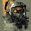 A stylized poster featuring a futuristic helmet and armor design in muted greens and oranges, suitable for wall art.
