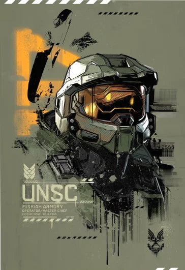 A stylized poster featuring a futuristic helmet and armor design in muted greens and oranges, suitable for wall art.