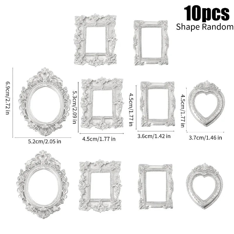 A set of ten vintage resin picture frames in silver color with various decorative edges and shapes.
