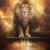 A majestic golden lion with a halo stands on a ledge above reflective water, set against a warm, dramatic background.