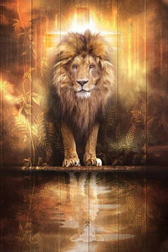 A majestic golden lion with a halo stands on a ledge above reflective water, set against a warm, dramatic background.