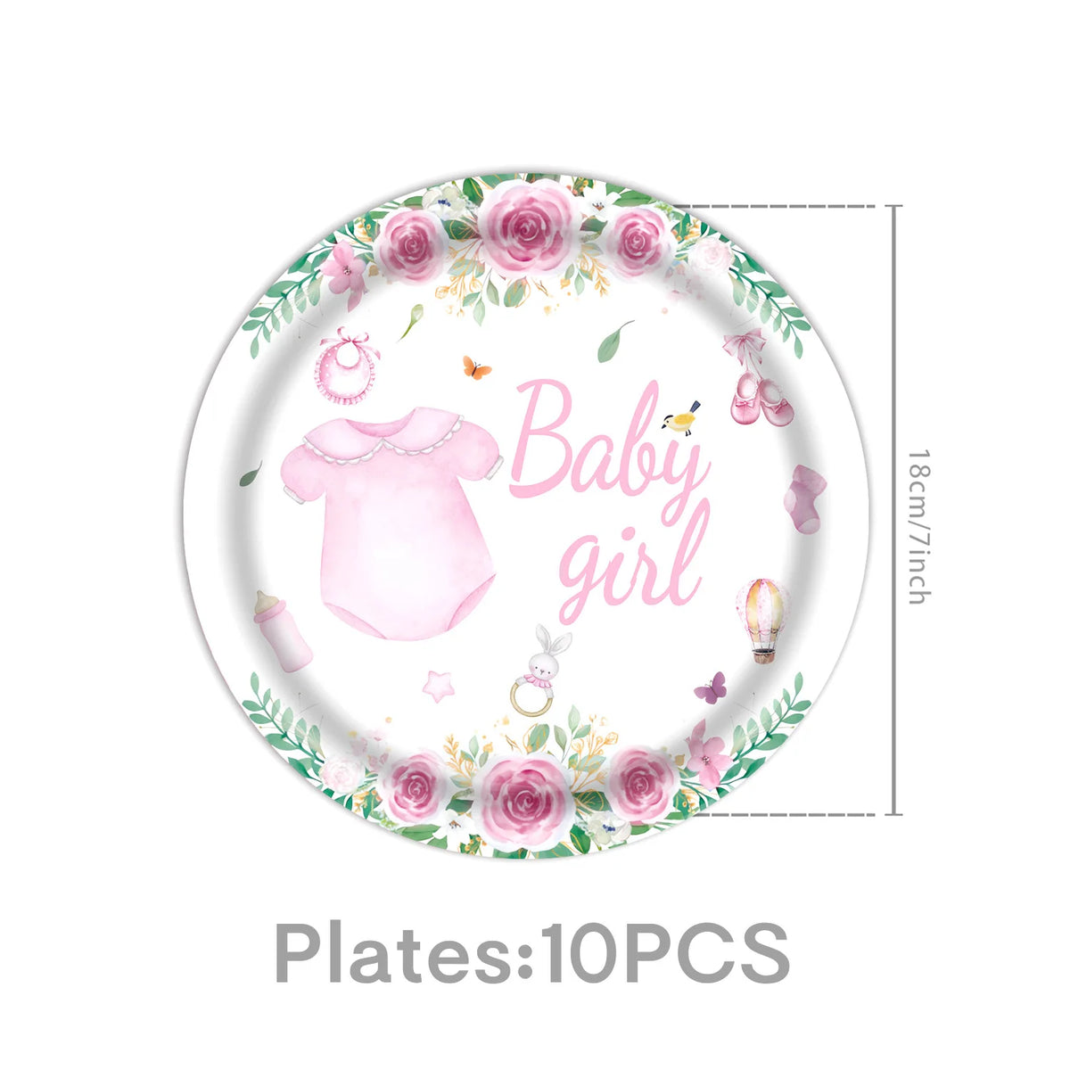 A plate decorated with pink roses, greenery, and a baby girl theme featuring a pink baby outfit and a light bulb.