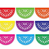 A set of nine decorative felt flags in various colors and patterns, featuring intricate cutouts.