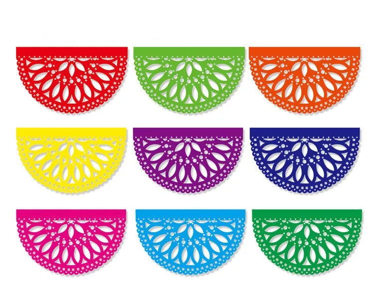 A set of nine decorative felt flags in various colors and patterns, featuring intricate cutouts.