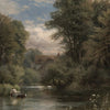 A retro oil painting depicting a river landscape with trees and a distant building.