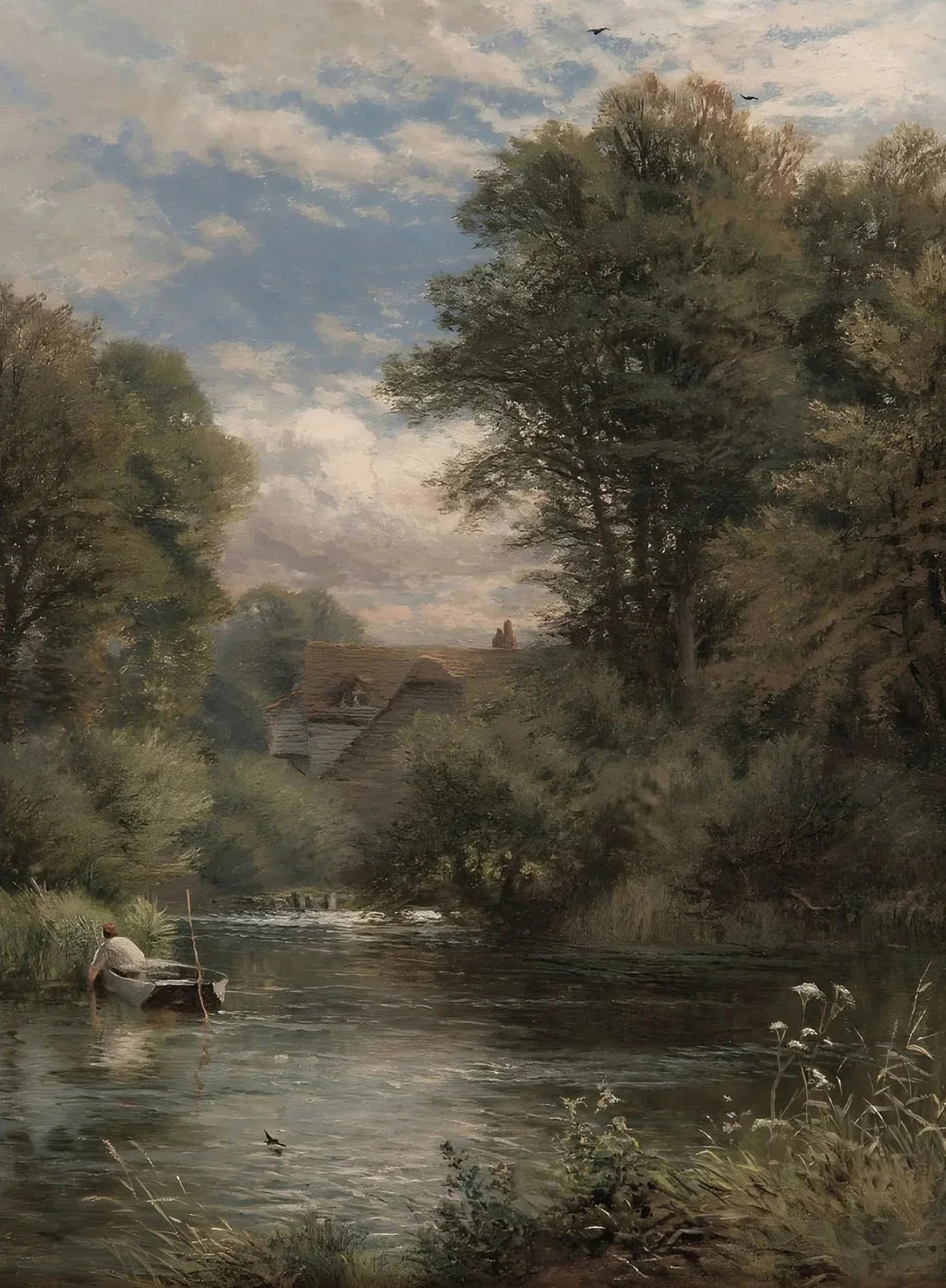 A retro oil painting depicting a river landscape with trees and a distant building.