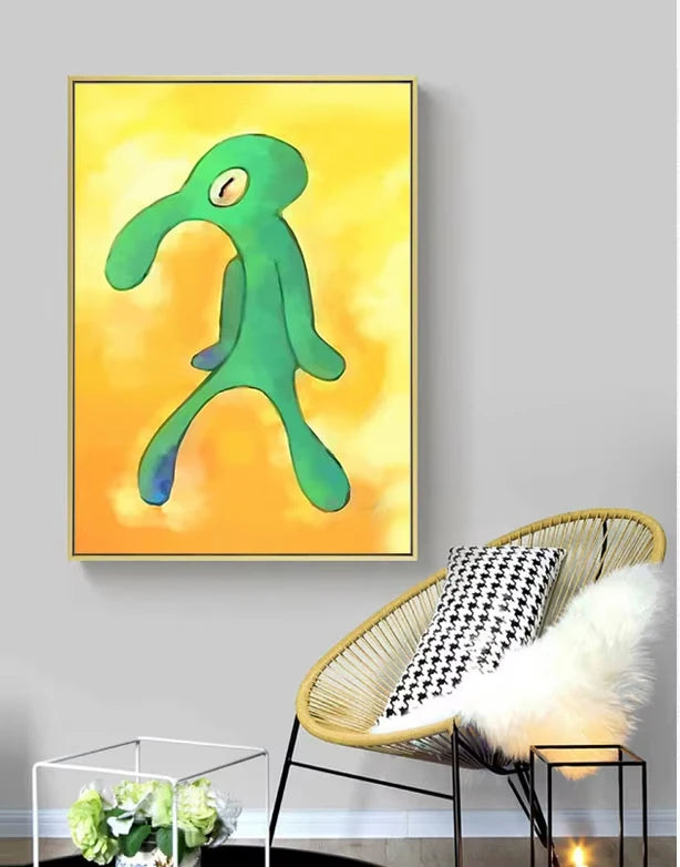 A vibrant yellow background features a green cartoon lizard with a long neck, displayed in a framed canvas print.