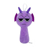 A purple collectible plush toy with pointed ears and closed eyes, hanging by a string.