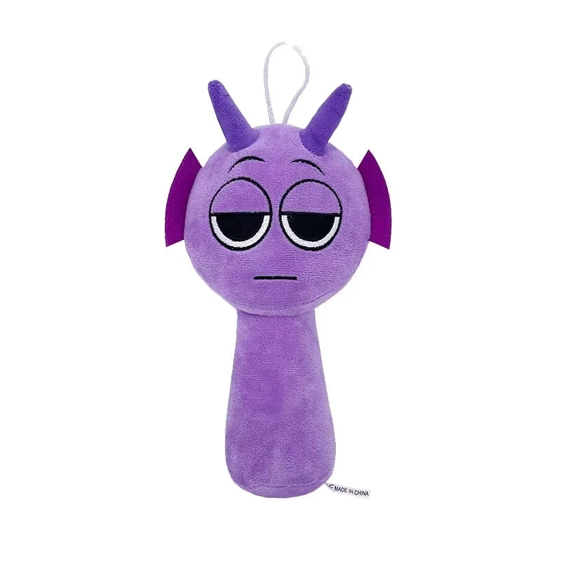 A purple collectible plush toy with pointed ears and closed eyes, hanging by a string.